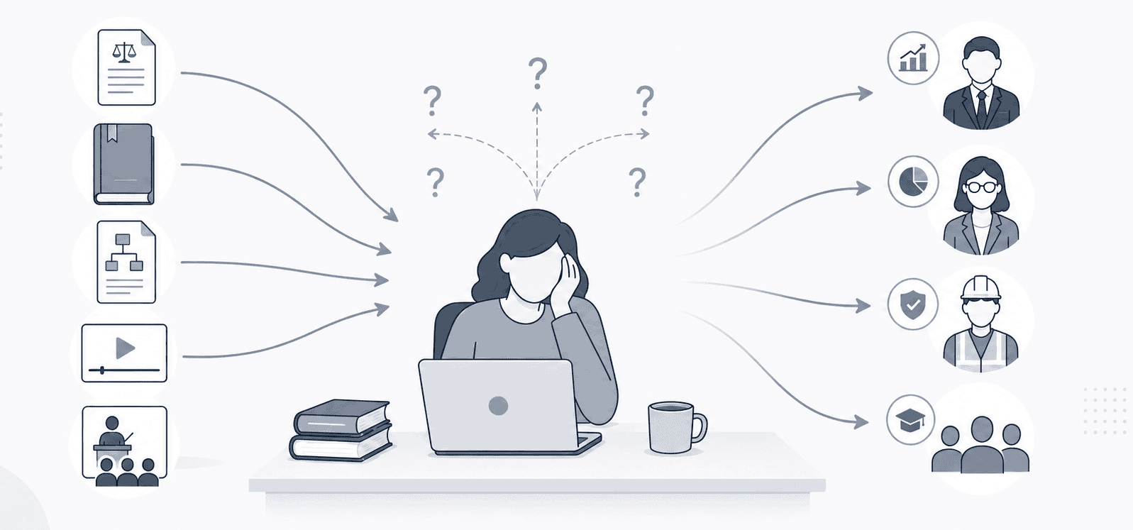 an overwhelmed person with a pile of source material on the left and customers with questions on the right