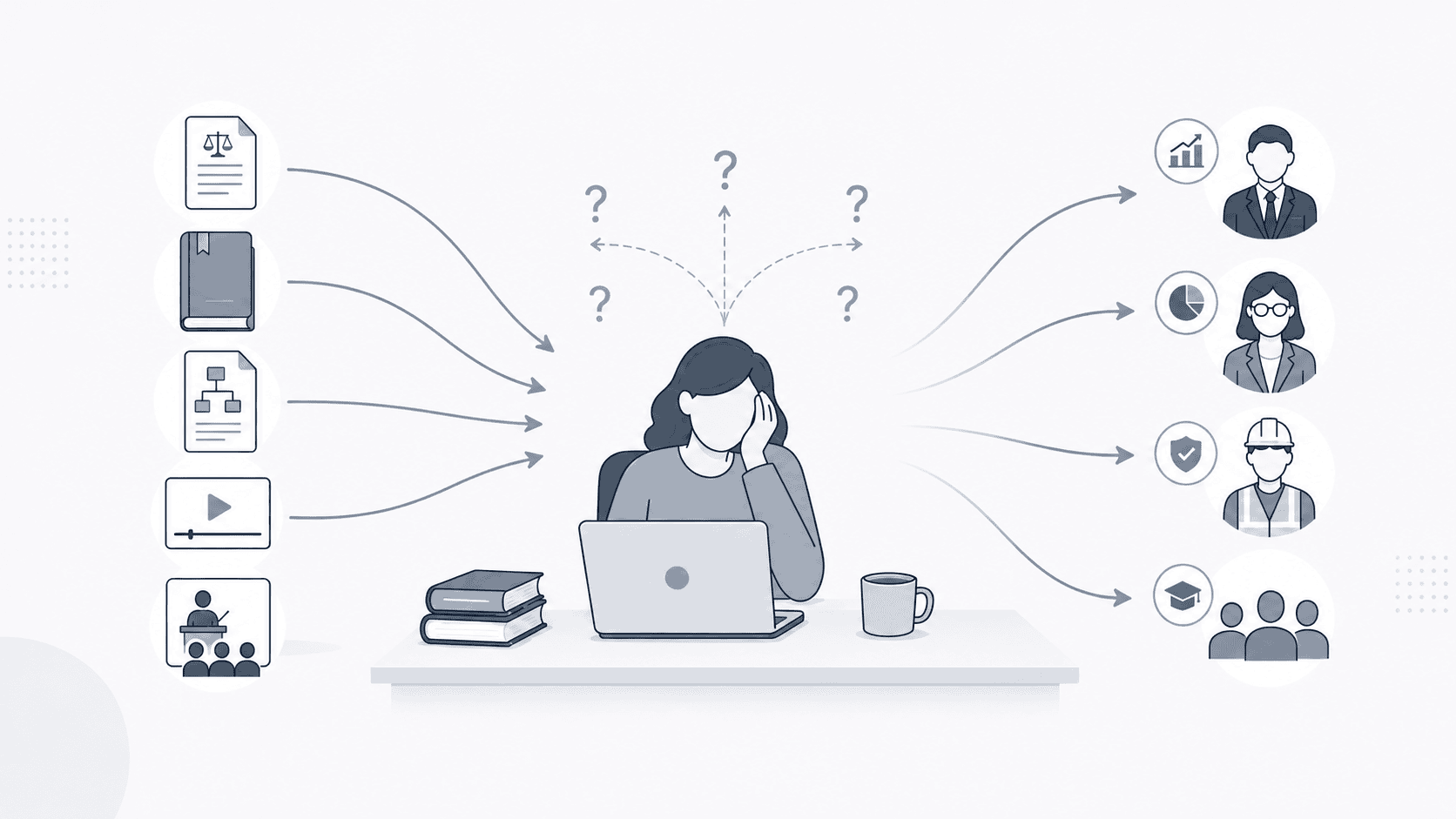 Traditional learning development requiring one instructional designer to interpret multiple source types and create learning for different audiences