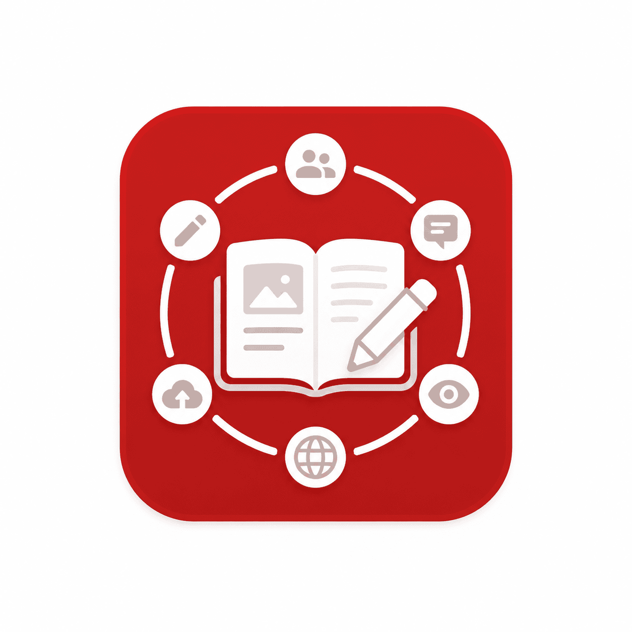 studio icon showing a book (representing a cousre) being edited and surrounded by sub-icons representing accessibility, multi-users and reviewing capabilities.